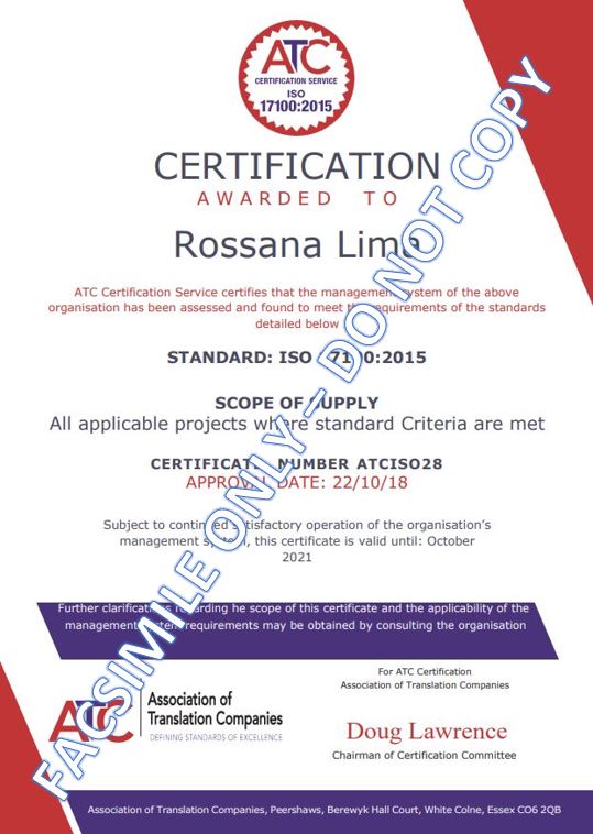 ISO 17100-2015 cert - facsimile
